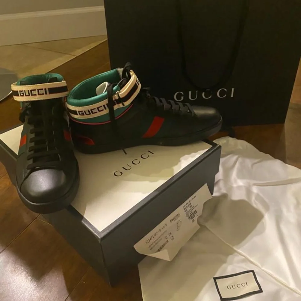 Gucci Mens Black Ace sneakers in soft leather w Web bands nylon NIB New in Box - Picture 2 of 11